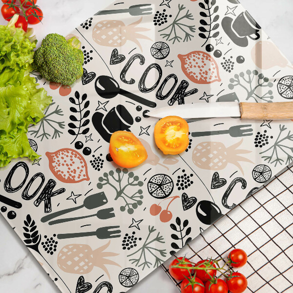 Steklena podloga za rezanje Motiv risane kuhinje