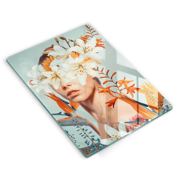 Steklena podloga za rezanje Ženska v rožah