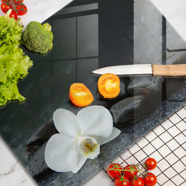 Steklena podloga za rezanje Beli cvetovi zen kamni