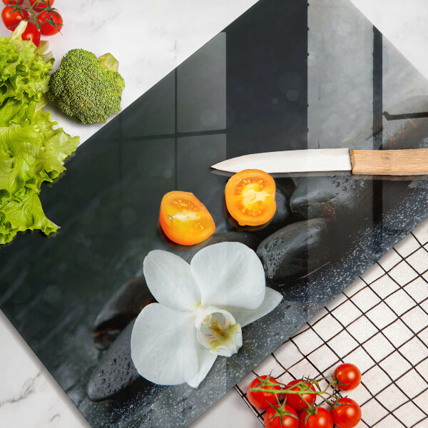 Steklena podloga za rezanje Beli cvetovi zen kamni