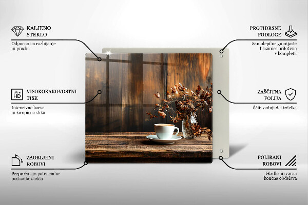 Steklena podloga za rezanje Skodelica za kavo in les