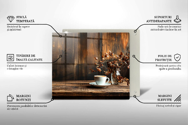 Steklena podloga za rezanje Skodelica za kavo in les