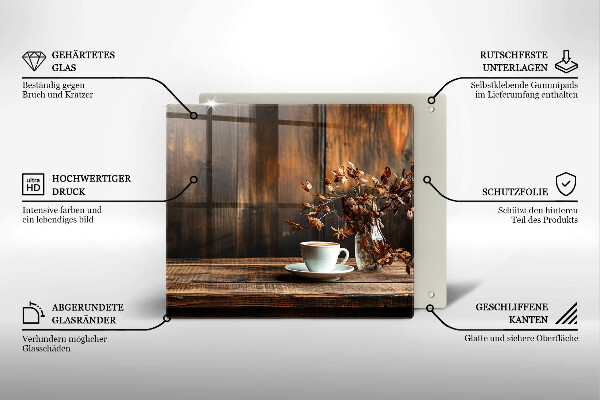 Steklena podloga za rezanje Skodelica za kavo in les