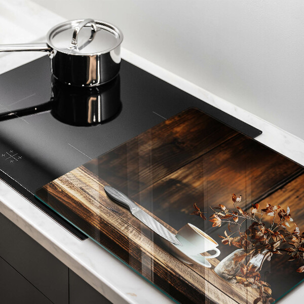 Steklena podloga za rezanje Skodelica za kavo in les