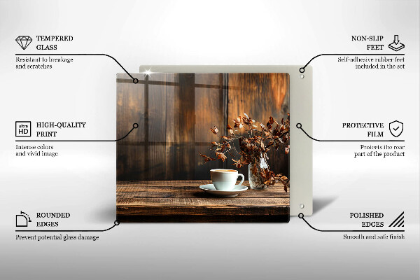 Steklena podloga za rezanje Skodelica za kavo in les