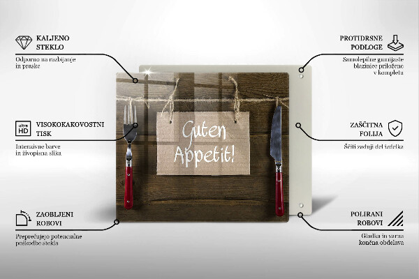 Steklena podloga za rezanje Napis Guten Apetit na deskah