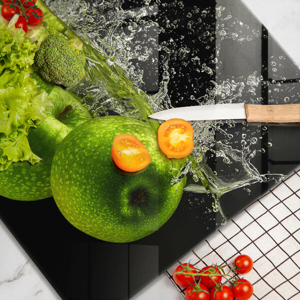 Steklena podloga za rezanje Zelena jabolka in voda