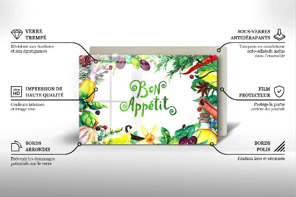 Steklena podloga za rezanje Napis Bon Appetit