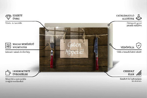 Steklena podloga za rezanje Napis Guten Appetit na lesenih deskah