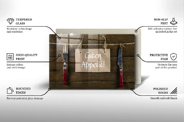 Steklena podloga za rezanje Napis Guten Appetit na lesenih deskah