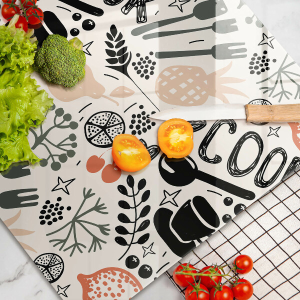 Steklena podloga za rezanje Motiv risane kuhinje