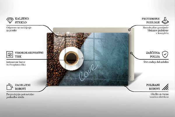 Steklena podloga za rezanje Kavna zrna in skodelica