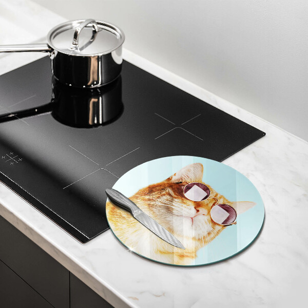 Steklena podloga za rezanje Rdeča mačka z očali