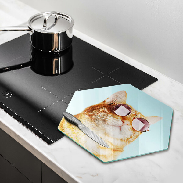 Steklena podloga za rezanje Rdeča mačka z očali