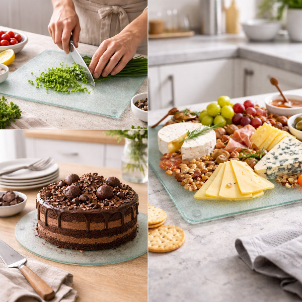 Velika steklena kuhinjska deska v velikosti 80 x 52 cm