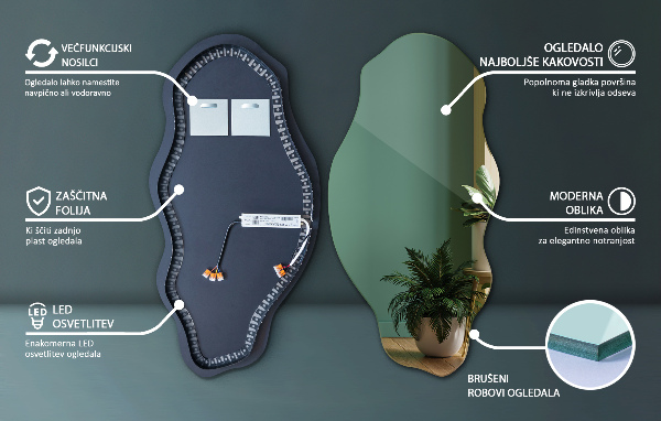 Asimetrično ogledalo z led osvetlitvijo učinkovito 50x100 cm