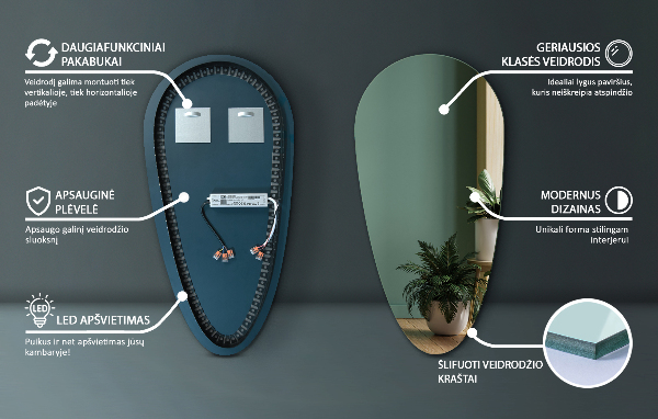 Led ogledalo v obliki solze 35x70 cm
