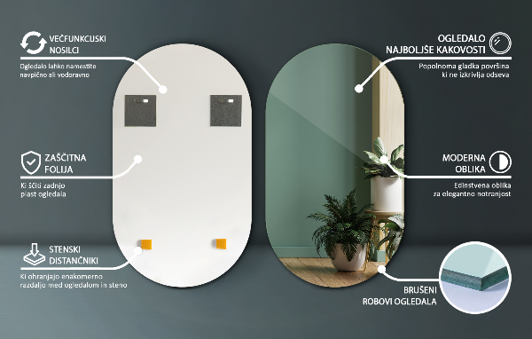 Ovalno ogledalo za zid brez okvirja 58x100 cm