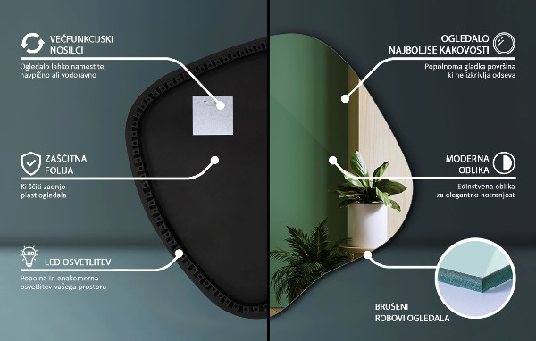 Organsko ogledalo z LED osvetlitvijo 68x67 cm