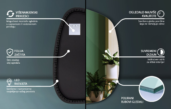 Asimetrično ogledalo packa z led osvetlitvijo 68x47 cm