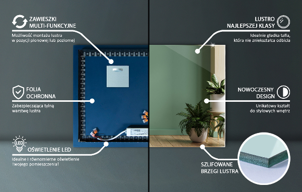 Pravokotno ogledalo z lučko 70x50 cm