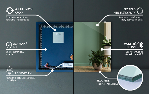 Pravokotno stensko ogledalo z led osvetlitvijo 80x60 cm