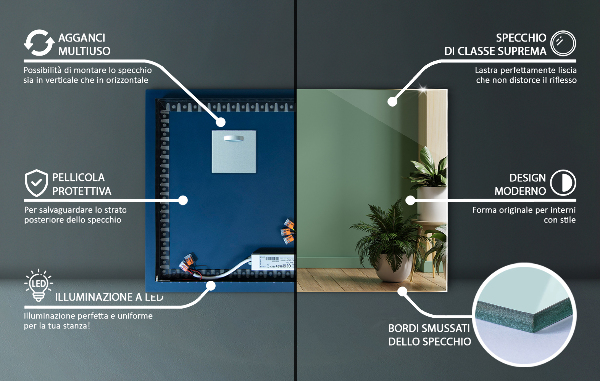 Pravokotno stensko ogledalo z led osvetlitvijo 80x60 cm