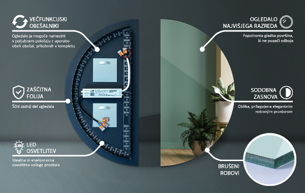 Ogledalo polkrožno z led osvetlitvijo 40x80 cm
