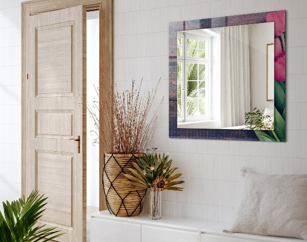 Ogledalo s potiskanim okvirjem Les z rožnatimi tulipani