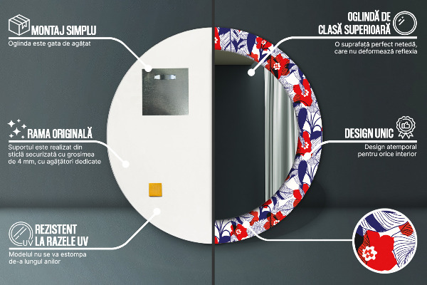 Ogledalo z okrasnim okvirjem Filodendron in rdeče cvetje