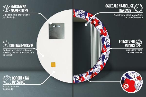 Ogledalo z okrasnim okvirjem Filodendron in rdeče cvetje