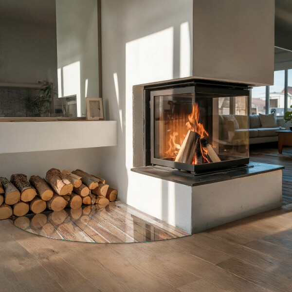 Četrtina kroga kaljeno steklo za pod kamin Lesena deska v postavitvi