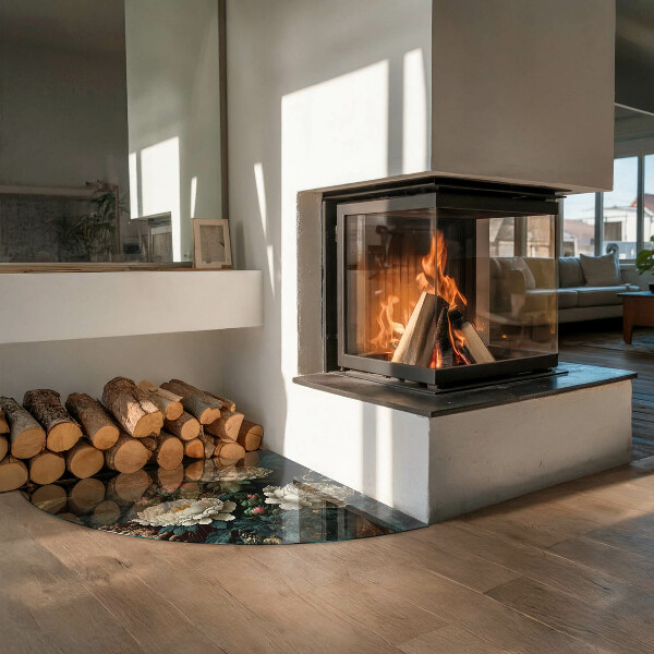 Četrtina kroga ognjevarno steklo za kamin Cvetlični vzorec z metulji