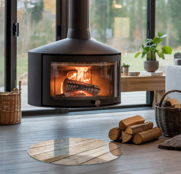 Okrogla steklo za pod kamin Lesena deska v postavitvi