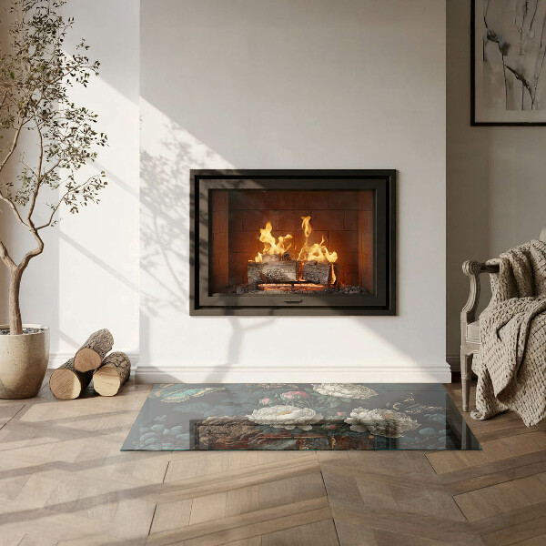 Pravokotna steklo za kamin Cvetlični vzorec z metulji