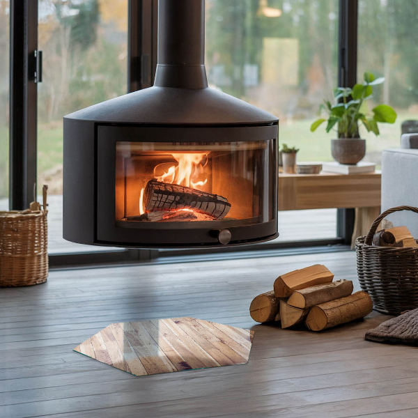 Šesterokotna steklena podložna plošča za kamin Lesena deska v postavitvi