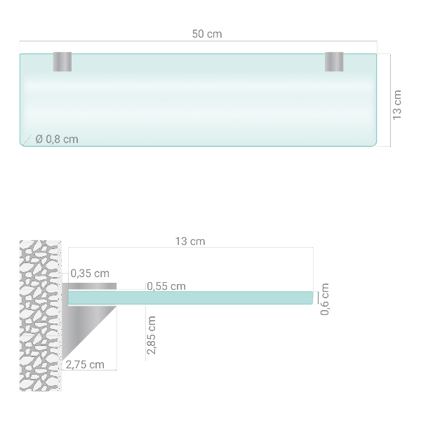 Polopriesvitna steklena kopalniška polica za steno 50x13 cm