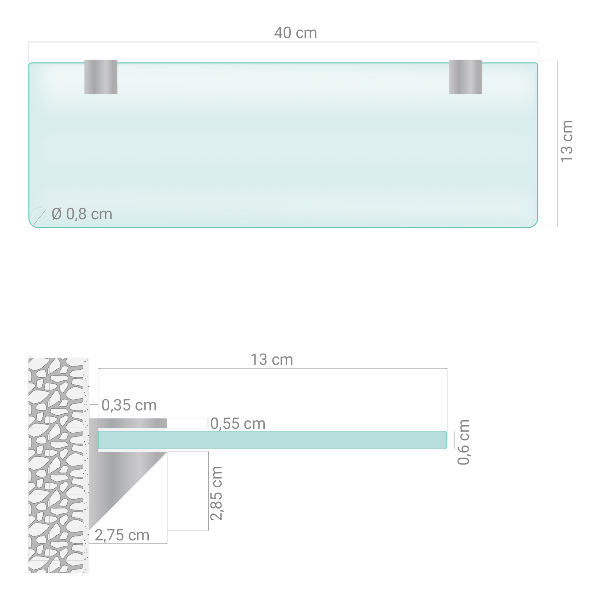Polopriesvitná kúpeľňová polica pod zrkadlo s rozmermi 40x13 cm