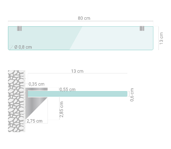 Pravokotna stenska polica iz stekla 80x13 cm