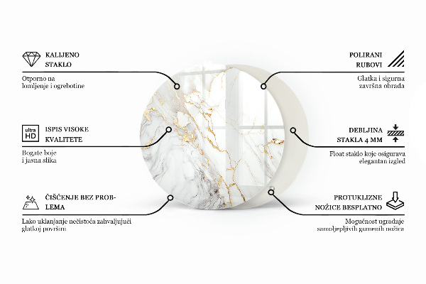 Okrogla steklena mizna plošča z natisom Gladka črna barva
