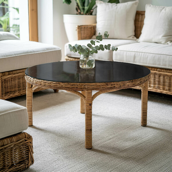 Okrogla steklena mizna plošča z natisom Gladka črna barva