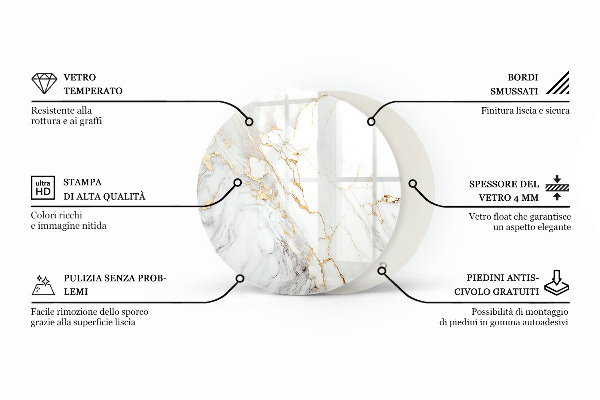 Okrogla steklena mizna plošča z natisom Vzorec marmorja z žilami