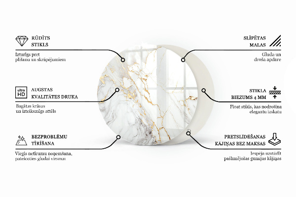 Okrogla steklena mizna plošča z natisom Vzorec marmorja z žilami