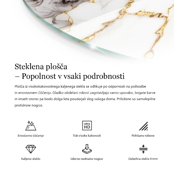 Okrogla steklena mizna plošča z natisom Vzorec marmorja z žilami