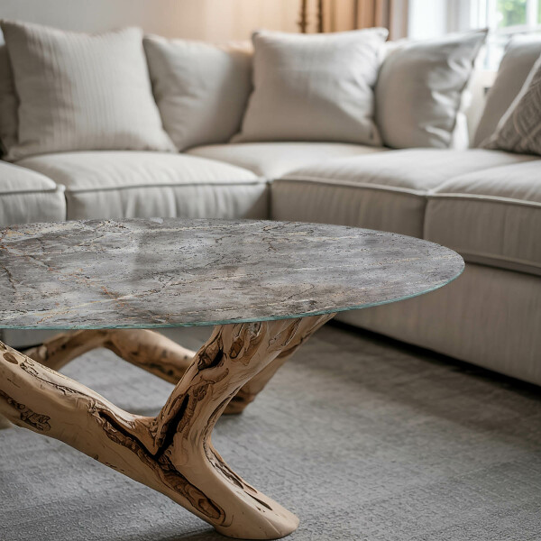 Okrogla steklena mizna plošča Vzorec, navdihnjen z marmorjem